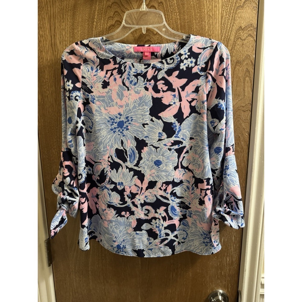 Lilly Pulitzer Langston Top In Bright Navy Pink Blue Size XXS Floral Tie Sleeves